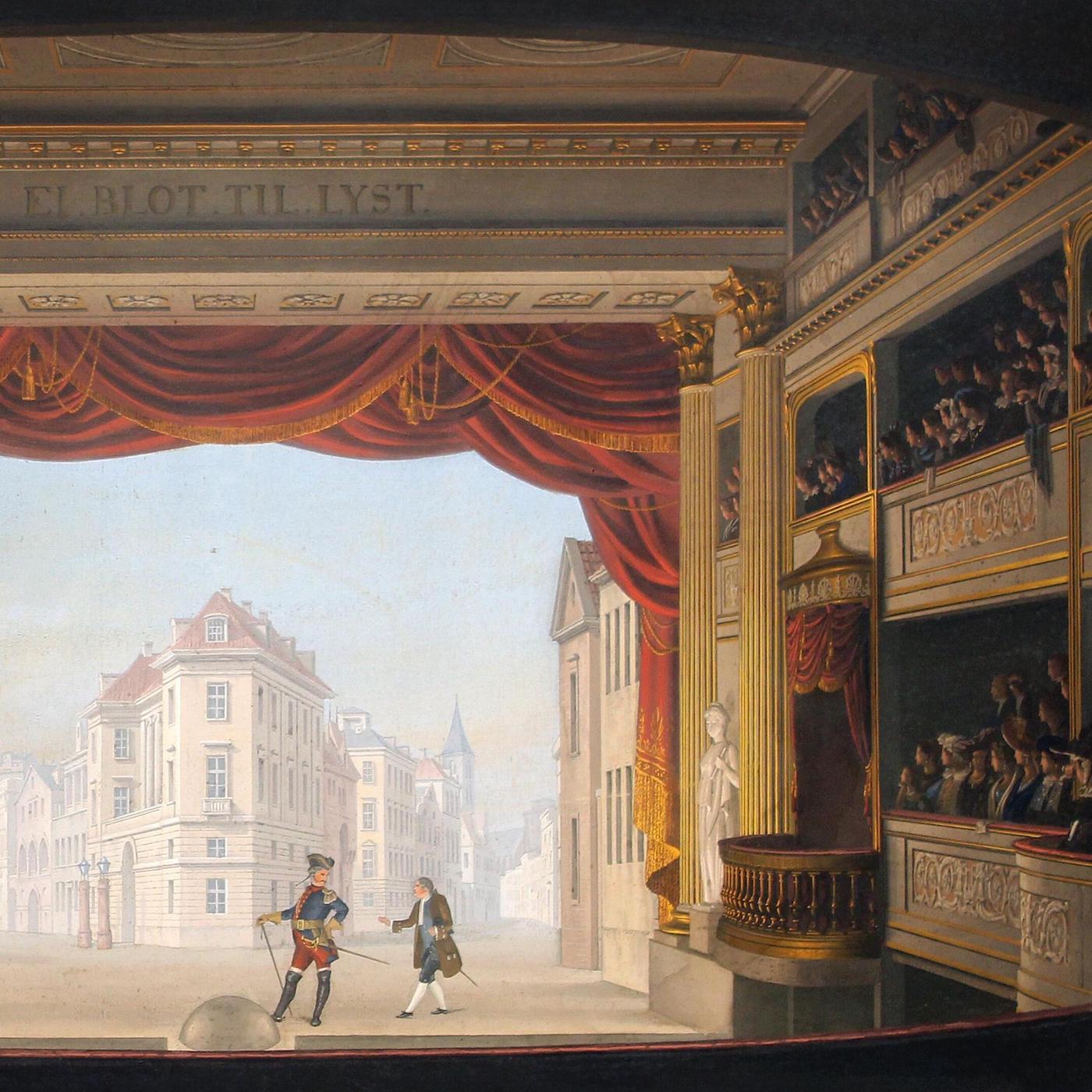 "Det indvendige af Det kgl. teater under fremstillingen af Jacob v. Thyboe" af Christian Ferdinand Christensen